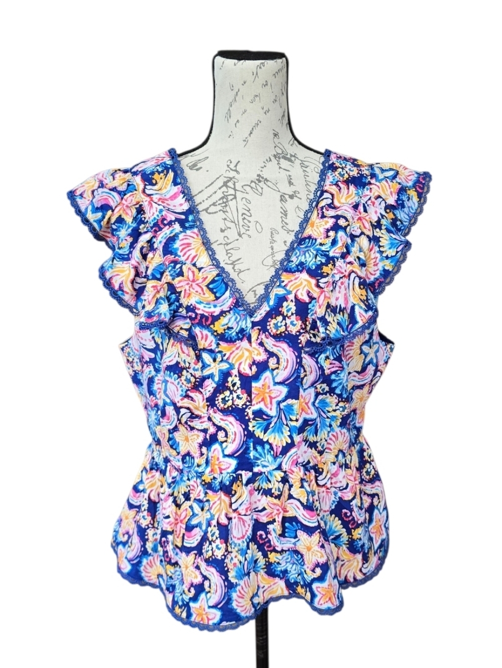 Nanette Lepore Coastal Floral Blue Multicolor Sleeveless Blouse L